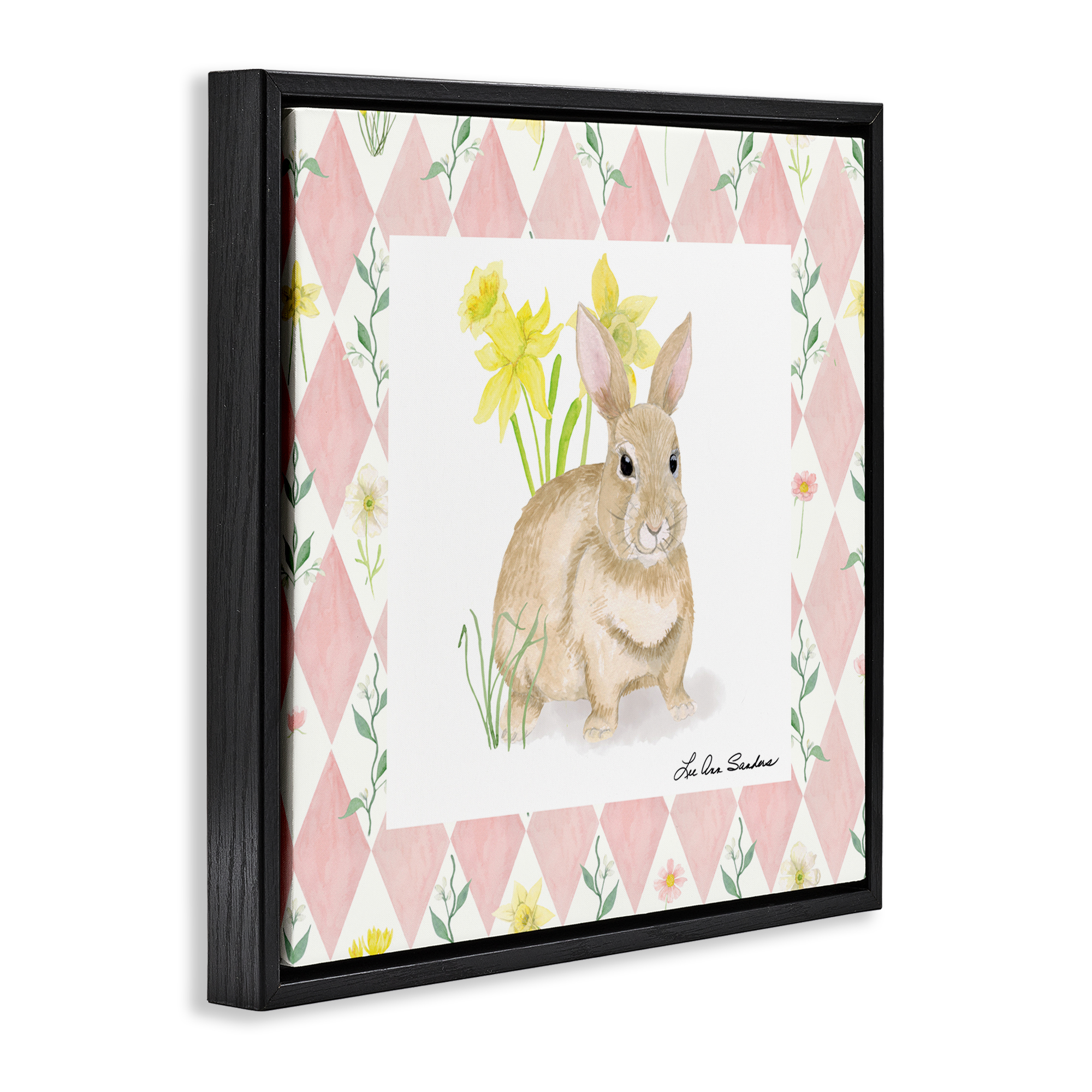 Bunny on Pink Argyle Black Framed Floater Canvas Wall Art, design by Lee Ann Sanders