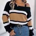 thumbnail image 5 of WREESH Fashion Pullover Off Shoulder Sweater Women's Casual Contrast Striped Lantern Sleeves Off Shoulder Pullover Sweater Top Sweater Khaki, 5 of 7