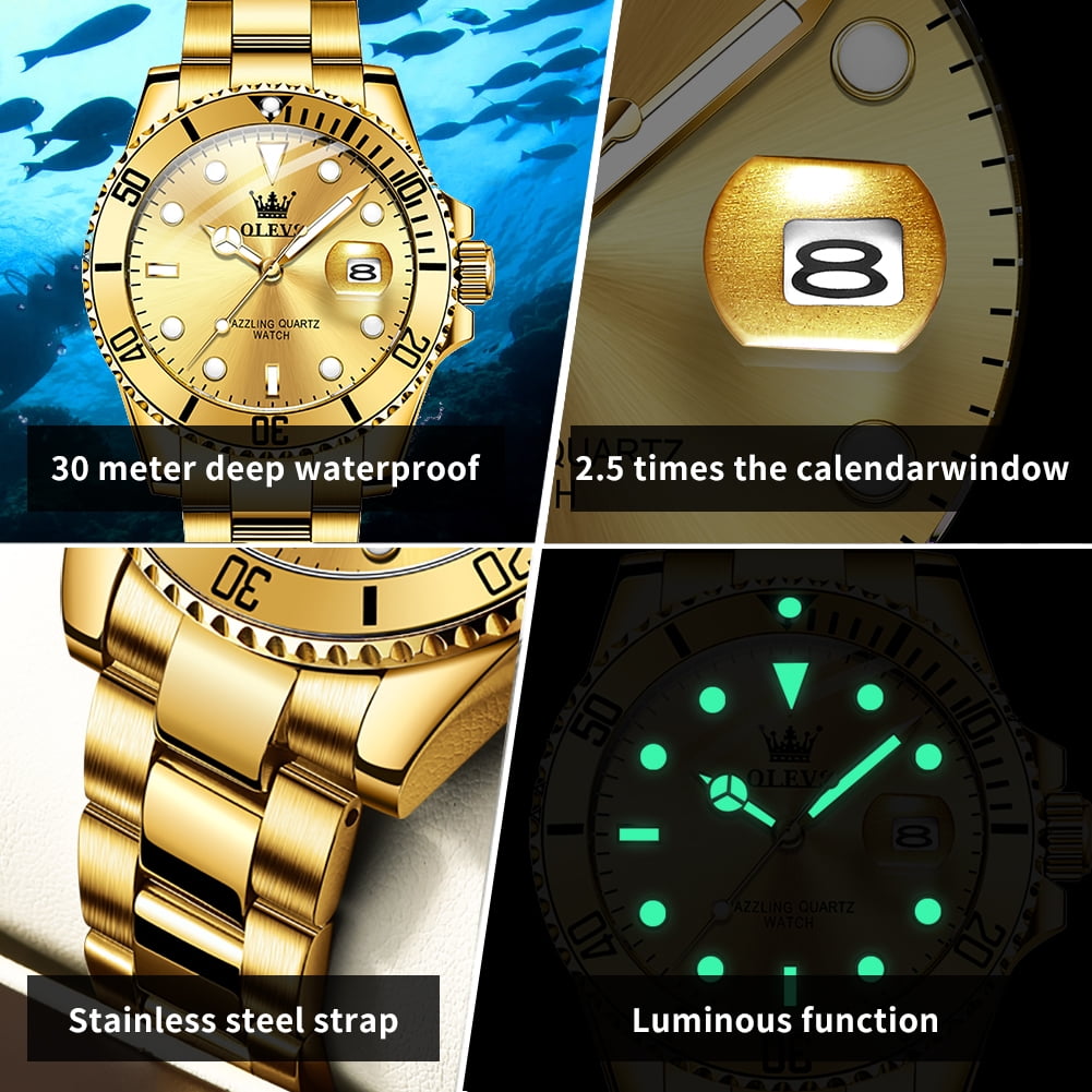 OLEVS Watches for Men Business Dress Luxury Casual Analog Quartz Stainless Steel Waterproof Luminous Date Men Wrist Watches reloj para hombre Gold Dial