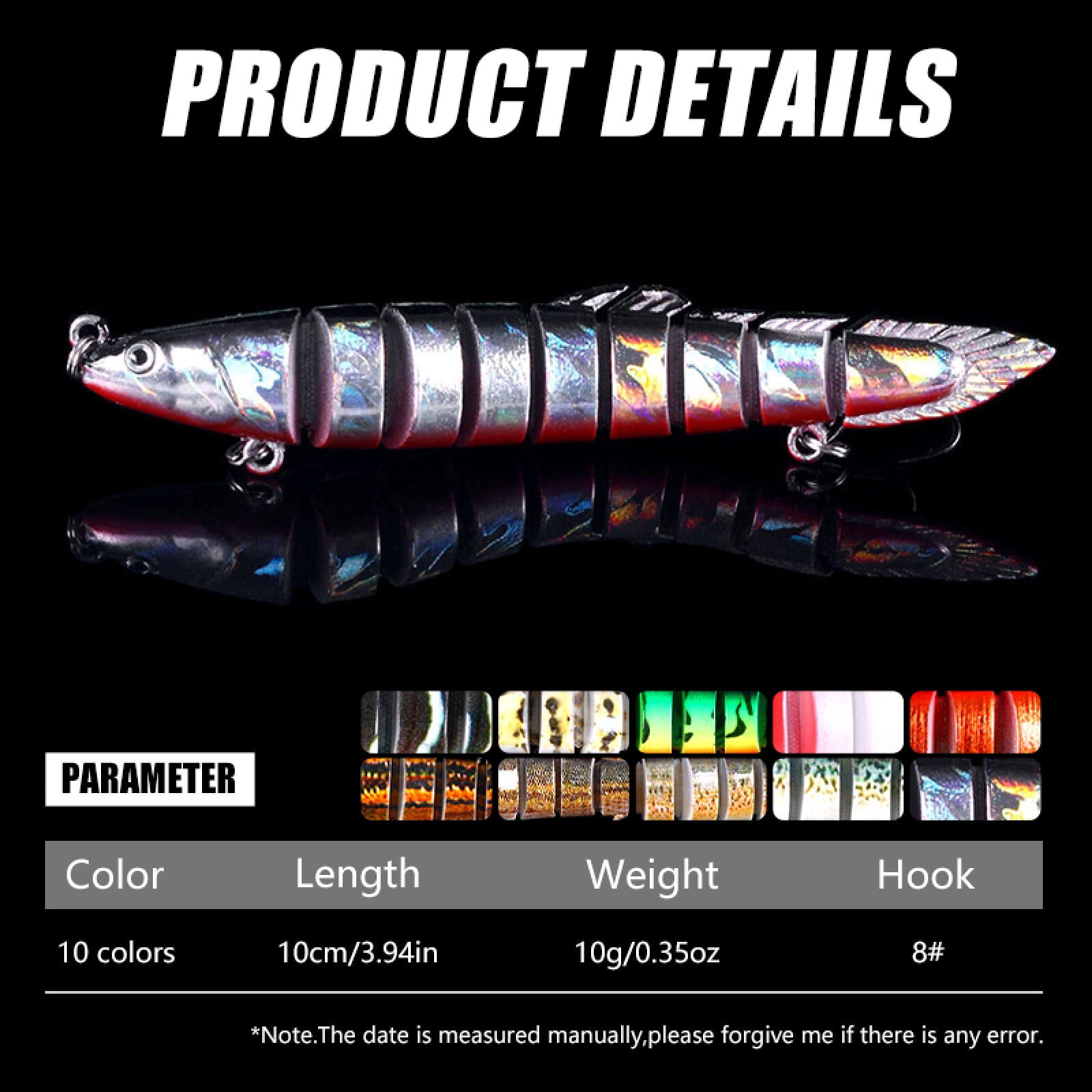 HENGJIA Fishing Lures, 10pcs Large Multi Jointed Fish Fishing Kits Slow Sinking Lifelike Swimbait Freshwater and Saltwater for Trout Bass Lures, 3.94"/0.35oz
