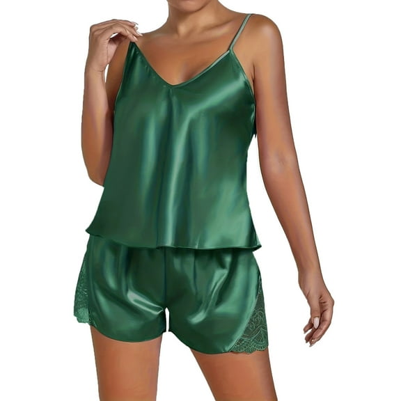 Satin Slumber Set, Women's V Neck Lace Hem Shorts Solid Color Pajama Pantsuit, Womens Pajamas Set, for Size M