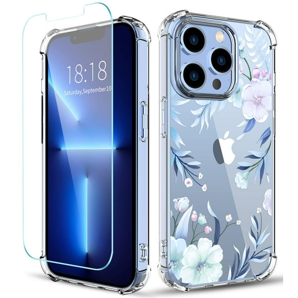 ilnehc Fleur Conçu pour iPhone 13 Cas Pro [avec Protecteur d'Écran], Floral Clair Femmes Téléphone Cas Antichoc de Protection Souple TPU Pare-Chocs Couverture 6.1 Pouces 2021 (Hibiscus)