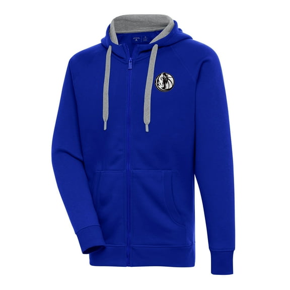 Men's Antigua Blue Dallas Mavericks Metallic Logo Victory Raglan Full-Zip Hoodie