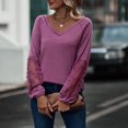 thumbnail image 3 of Camisa de manga larga de encaje con cuello en V para mujer Suelta Casual Moda Agradable para la piel Transpirable Cuello en V Color sólido Top de manga larga Púrpura Rojo M, 3 of 7