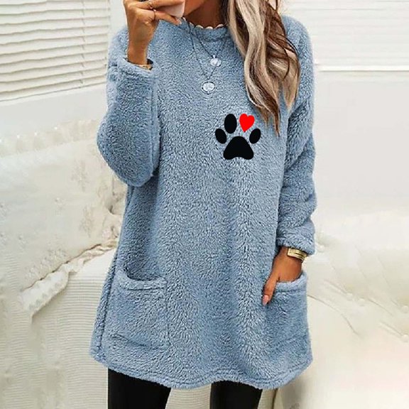 Sherpa Sweatshirt Women Plus Oversize Halloween Sweatshirts for Women 2024 Winter Crewneck Long Sleeve Fuzzy Fleece Sweatshirt Paw Print Faux Shearling Warm Sherpa Pullover Outwear with Pockets