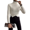 thumbnail image 4 of Women Sweater Knit Pullover Long Sleeve Turtleneck Contrast Color Irregular Hem Crop Top, 4 of 8