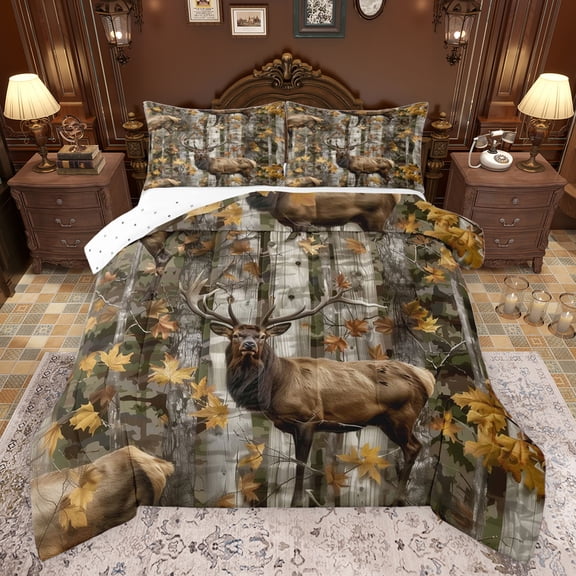 Castle Fairy Safari Deer Bedding Comforter Set 2pcs for Boys Girls,Abstract Vintage Camouflage Twin Comforter Sets Microfiber,Autumn Jungle Tree Branches Breathable Bedding Set,Luxury Bedroom Decor