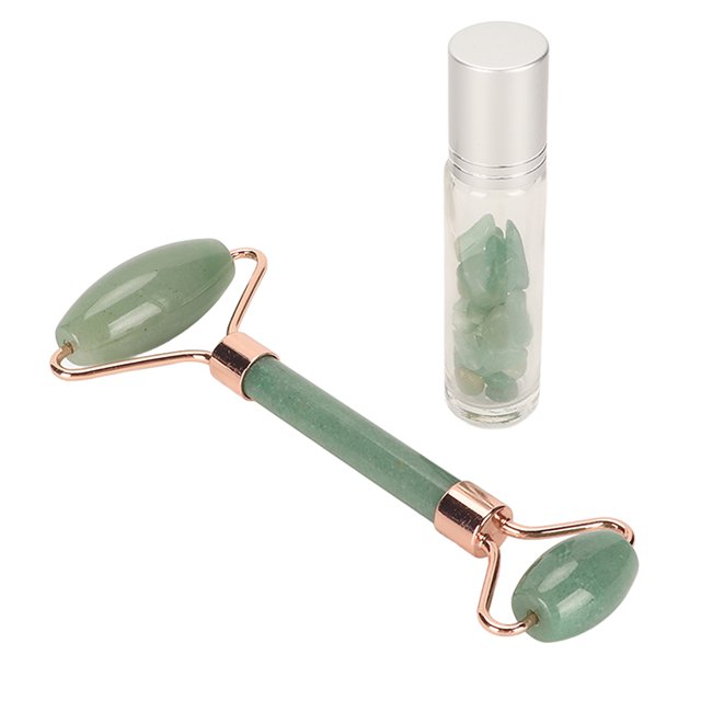 Rodillo facial de jade para eliminar arrugas, drenaje linfático y lifting facial con aceite esencial, botella verde