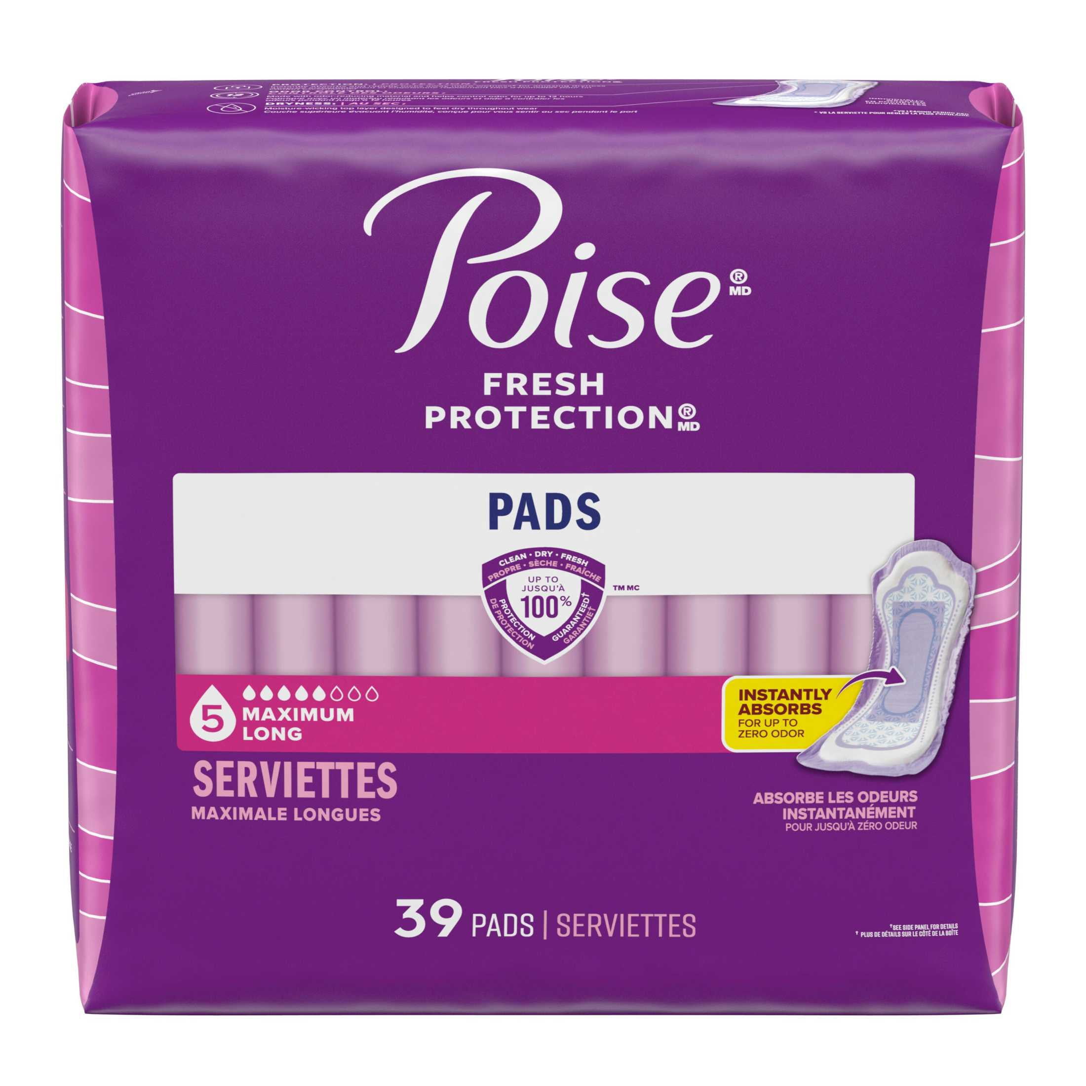 Poise Incontinence Pads for Women, 5 Drop Maximum Absorbency, Long Length, 39 Count