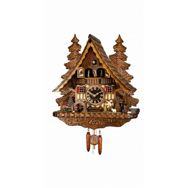 Quartz Cuckoo Clock Black Forest house with moving wood chopper and