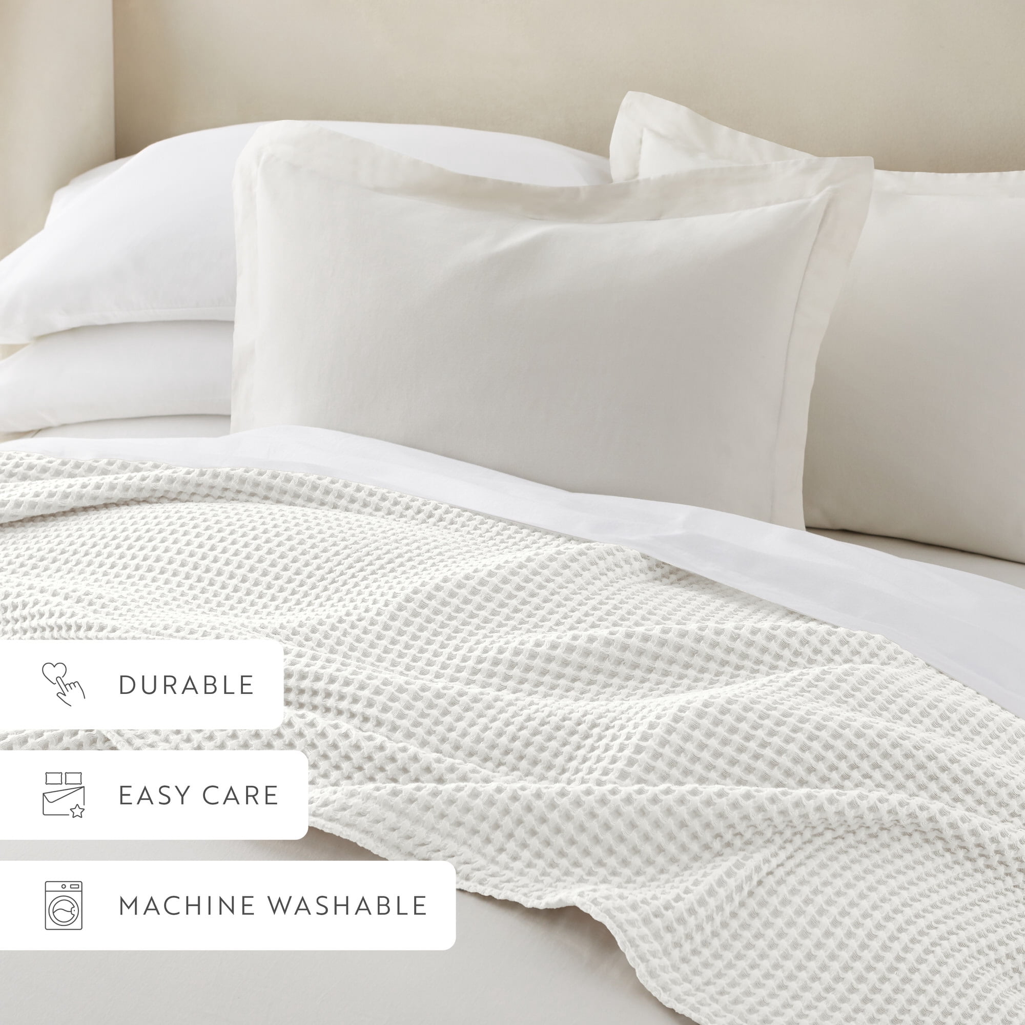 Noble Linens 100% Cotton Waffle Texture Bed Blanket, White, Full/Queen