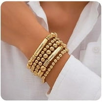 5Pcs Layered Beaded Bracelets Set For Women Dainty Stretch Elastic Round Ball Beads Chain Tube Bangle Bracelets Boho Stackable Bracelets Trendy Jewelry For Girls[z2924]