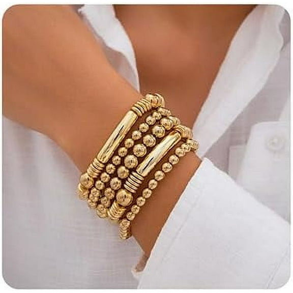 5Pcs Layered Beaded Bracelets Set For Women Dainty Stretch Elastic Round Ball Beads Chain Tube Bangle Bracelets Boho Stackable Bracelets Trendy Jewelry For Girls[z2924]