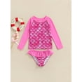 thumbnail image 2 of Xingqing Kids Child Girls Two Piece Bikini Set Mermaid Print Long Sleeve Tops and Ruffle Shorts Swimsuit Rose Red 5-6 Years, 2 of 9
