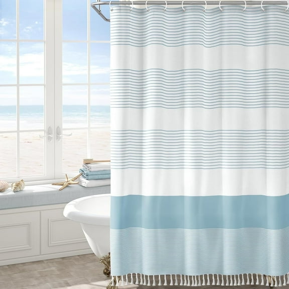 Psoiuetr Blue Shower Curtain Beach Ocean Coastal Nautical Shower Curtain for Bathroom Stripe Tassel 72 X 72 Inches Cotton