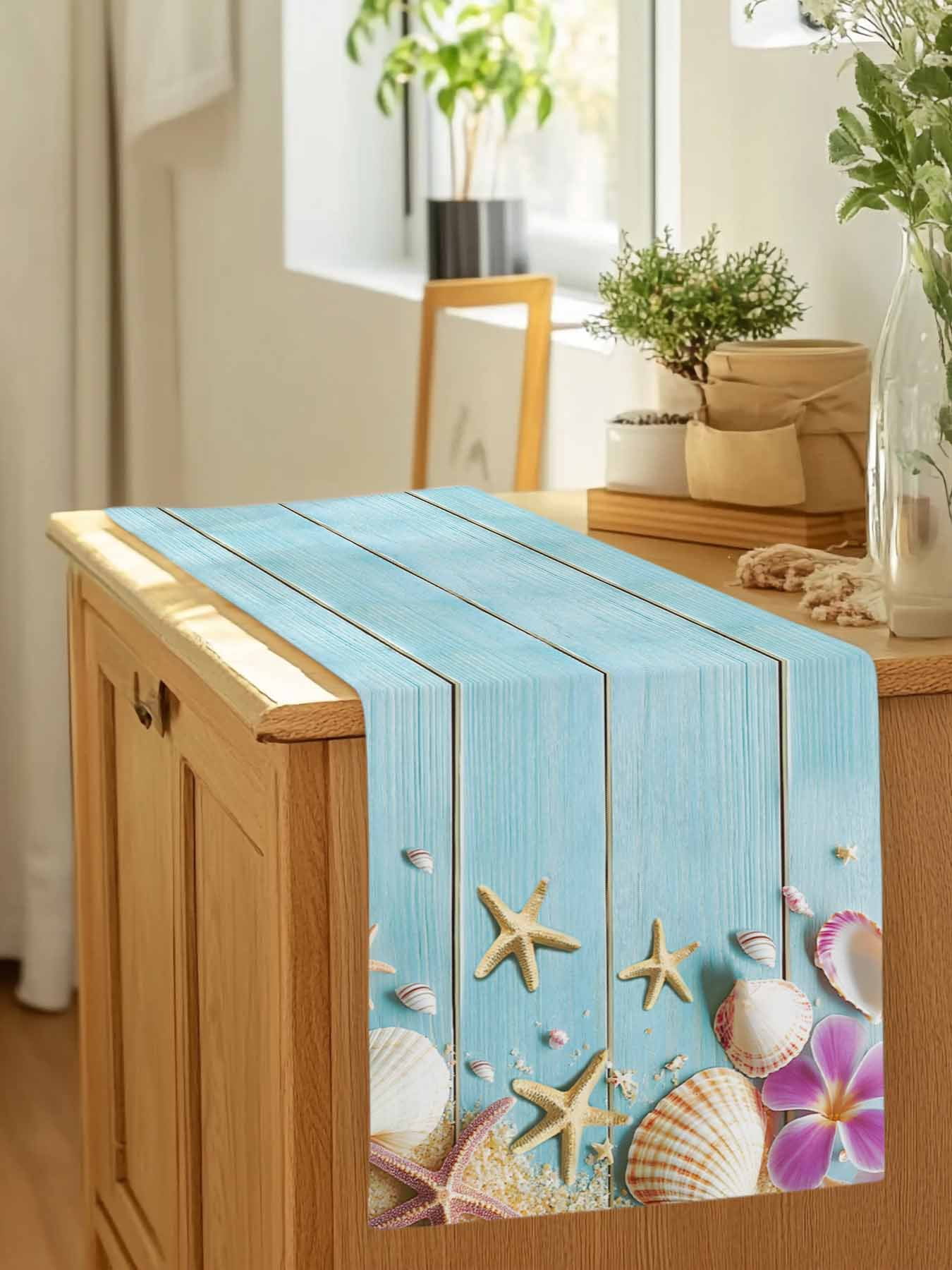 Summer Shell Starfish Flower Table Runner 90 Inches Long, Farm Blue Wood Board Table Runners Tabletop Scarf Kitchen Dining Tables Decoration for Home Party Indoor Outdoor
