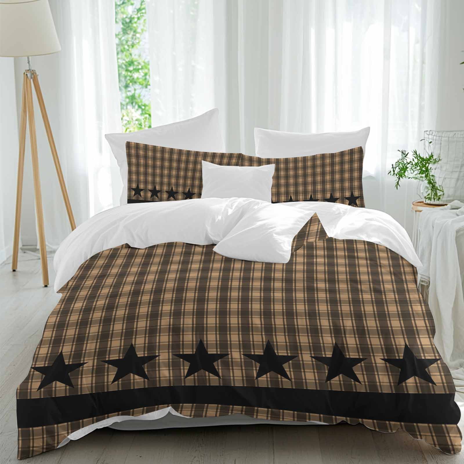 Brown Black Plaid Bedding 3 Piece Duvet Cover Set Twin Size, Vintage Rustic Star Buffalo Check Soft Microfiber Comforter Cover with Zipper Closure & Pillowcases, Wrinkle & FadeResistant Quilt Cover