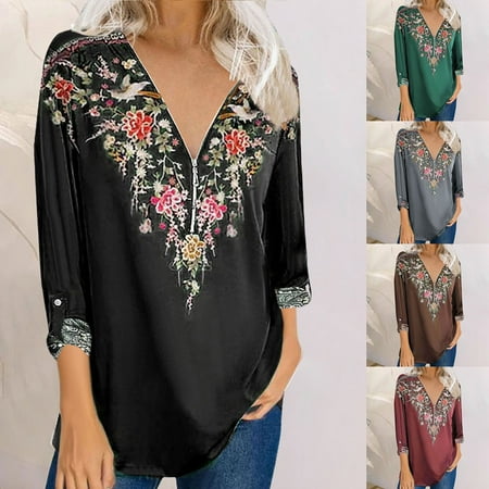 

Yinreli Autumn Blouse Ethnic Print V Neck Women Loose Long Sleeve Zipper Pullover Top Streetwear