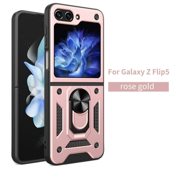 Heavy Duty Case for Samsung Galaxy Z Flip5, Camera Lens Sliding Rugged PC + Soft TPU Hybrid Shockproof Anti-Slip Cover with Magnetic Car Mount Ring Holder Kickstand Case,Rosegold