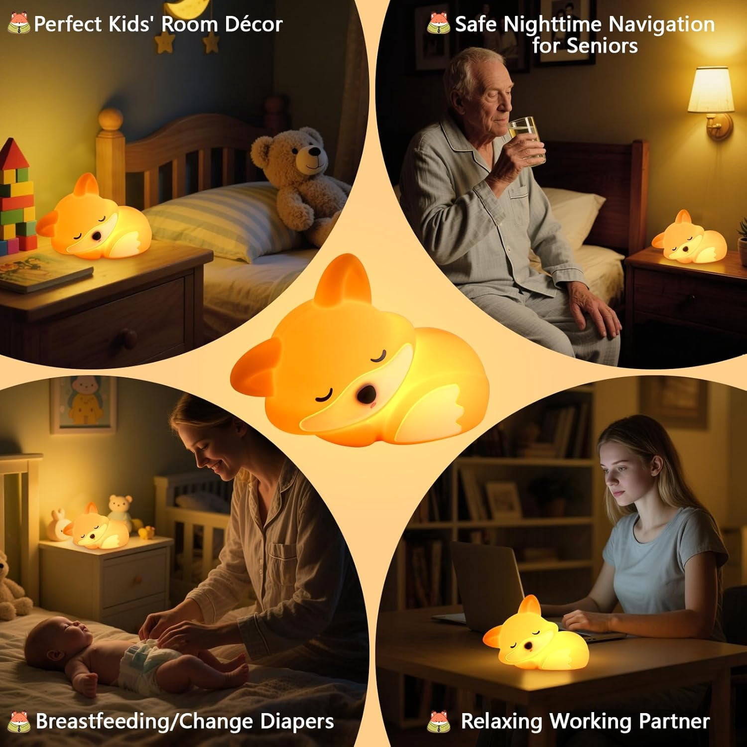 BIBEARBIBEAR Cute Fox Lamp, Fox Night Light for Kids, Squishy Rechargeable Dimmable Toy, Baby Nursrery Nightlight, Woodland Animal Décor, Xmas White Elephant Gifts, Touch Light Up Foxes
