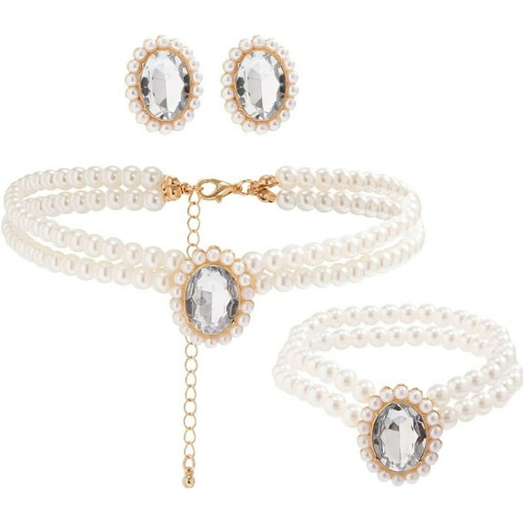 Layered Pearl Choker Necklace Bracelet Earring Set - Trendy Pearl Rhinestone Gemstone Jewelry Set - Dainty Jewelry Gift for Women Wedding Holiday Birthday Banquet Party Dance Dress Clothes Accessories