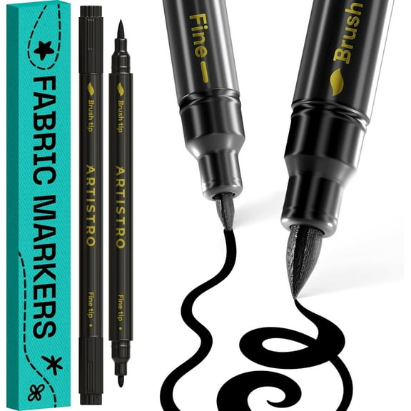 ARTISTRO 2 Black Dual-Tip Fabric Markers - Fabric Decorating Kit - Permanent for Clothes - No Bleed Pens for T-Shirts, Bags, Textile, Canvas, and More (Brush Tip and Fine Tip)