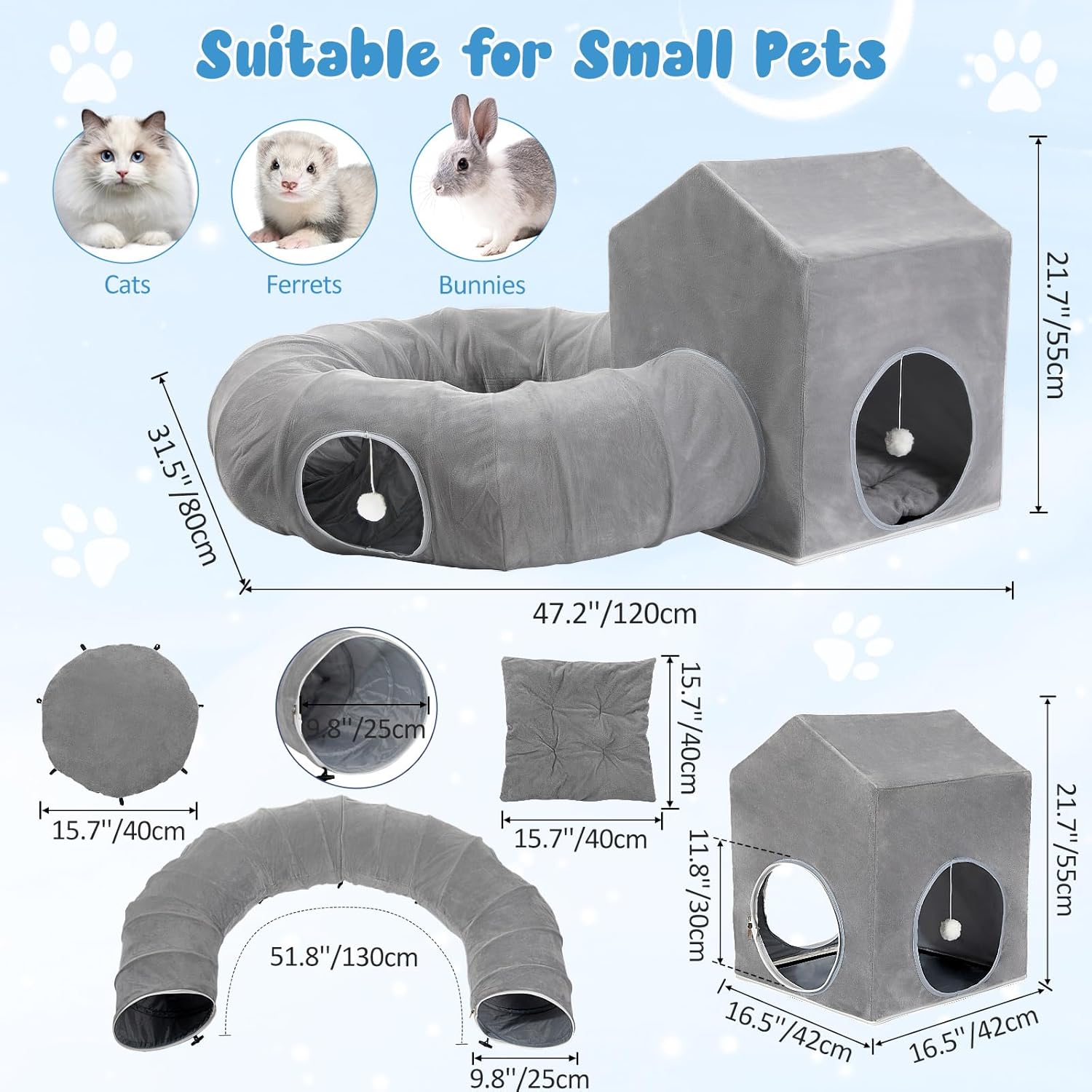 Pawaboo Cat Tunnel Bed, Cat Donut Tube with Square House, Soft Plush Cats Cave Tunnels with Washable Cushions, Foldable Kitten Bed Hideout with Fluffy Balls for Indoor Cats Rabbit Ferret, Dark Gray