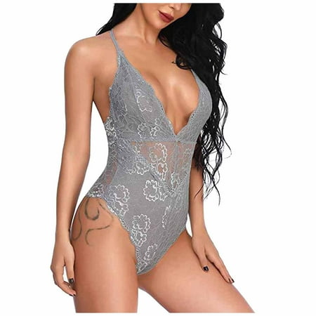 

Women One Piece Lingerie Deep V Teddy Sexy Lace Bodysuit Solid Sedin Seductive Tempting Sexy Halter Jumpsuit Suit