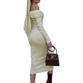 thumbnail image 5 of hirigin Women Fashion Long Bodycon Dress Solid Color Knitted Ribbed Plush Trim Boat Neck Long Sleeve Dress Spring Autumn Skinny Dress, 5 of 6