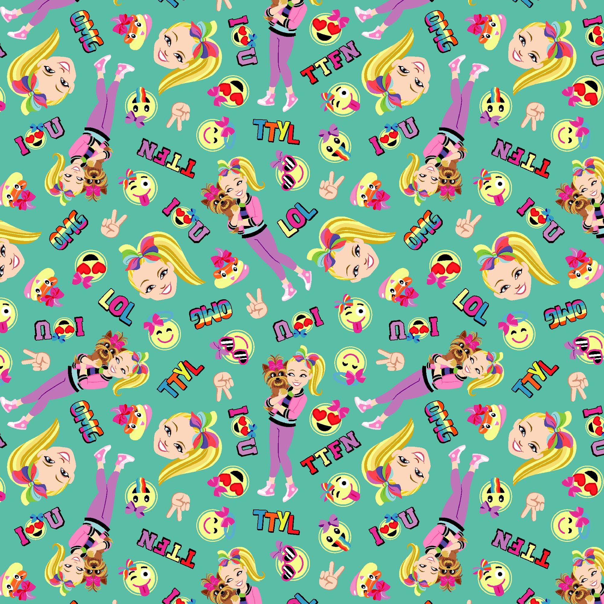 Springs Creative 44' x 1 yd 100% Cotton Jojo BowBow Emoji Friends Sewing & Craft Fabric, Green, Pink and Yellow