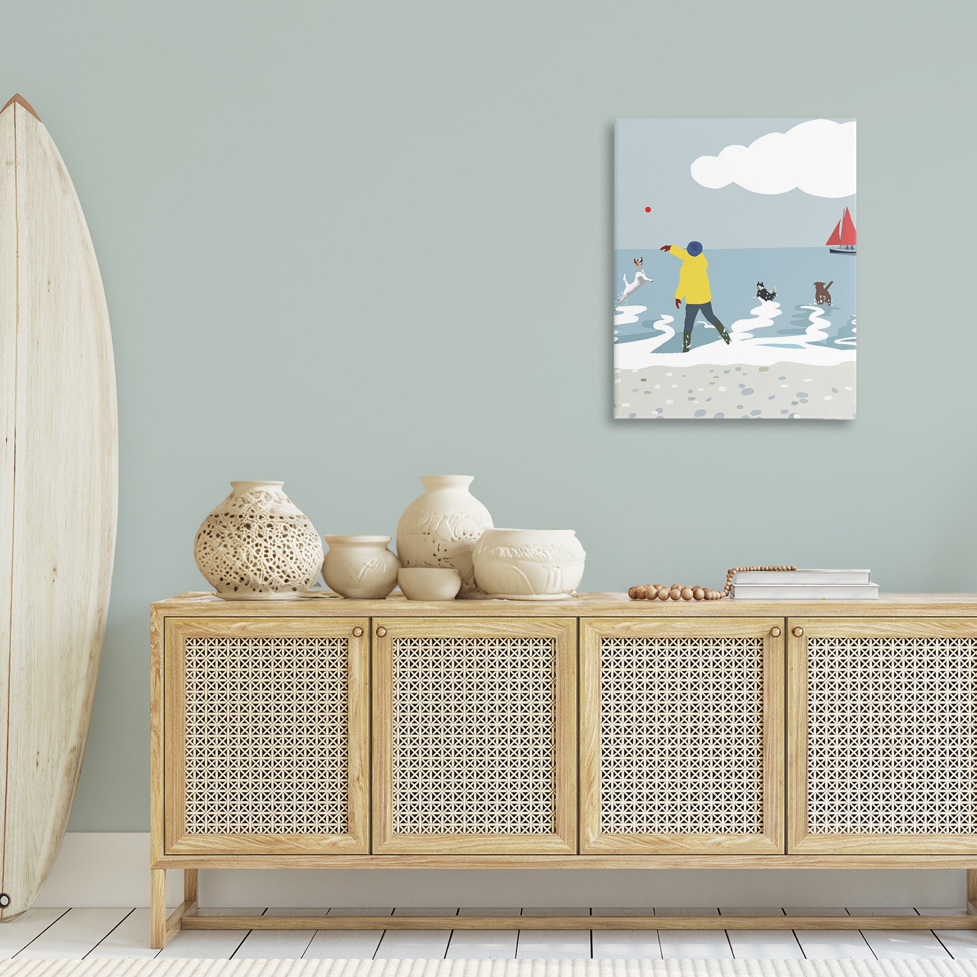 Stupell Industries Catching Ball on Beach Nautical & Beach Painting Wrapped Canvas Art Print Wall Art, 24 x 30