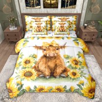 jejeloiu Cute Highland Cow 7-Piece Twin Bedding Sets,Yellow Sunflower Blossom Bedding Comforter Set For Girls Teens Reversible