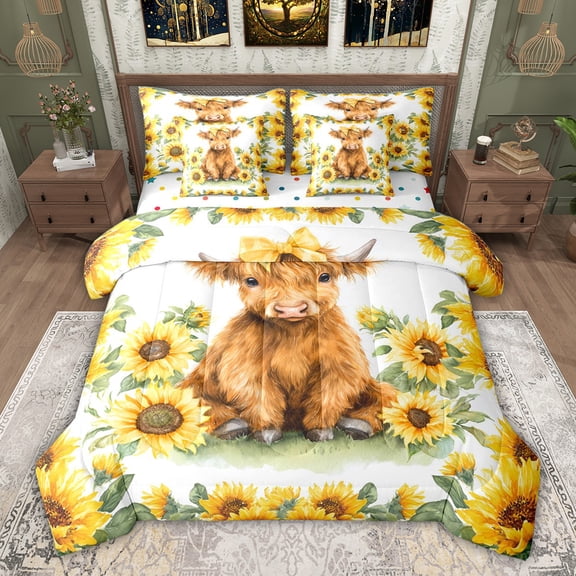 jejeloiu Cute Highland Cow 7-Piece Twin Bedding Sets,Yellow Sunflower Blossom Bedding Comforter Set For Girls Teens Reversible