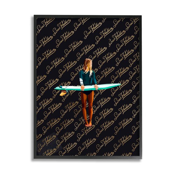 Stupell Industries Glam Girl with Surfboard Sports Painting Black Framed Art Print Wall Art, 11 x 14