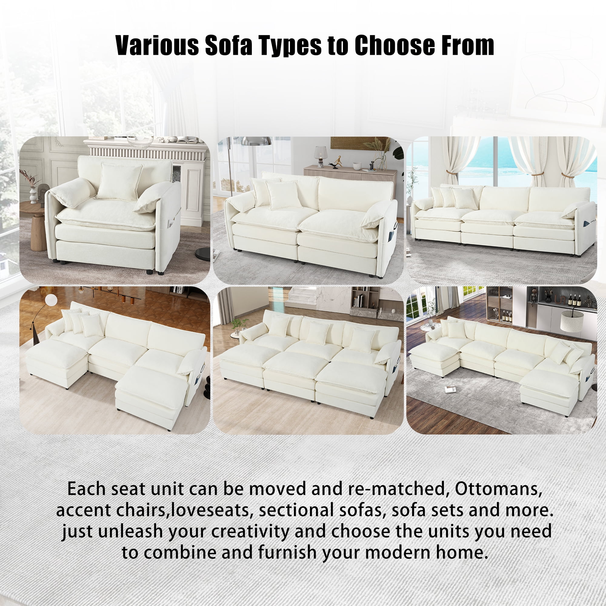 Gewnee Deep Seat Luxury 2 Piece Loveseat Couch & Sofa Armchair Set, Modern Upholstered Beige Chenille Cloud Couches Set DIY Combination Furniture with 3 Pillow for Living Room