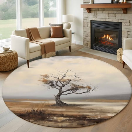 Tree Branches Round Area Rug 6 FT Non Slip Bedroom Rugs Wild Leaves Forest Abstract Painted Art Washable Soft Circular Carpet Non-Shedding Floor Mat for Kitchen Dining Room Home Office Kids Room