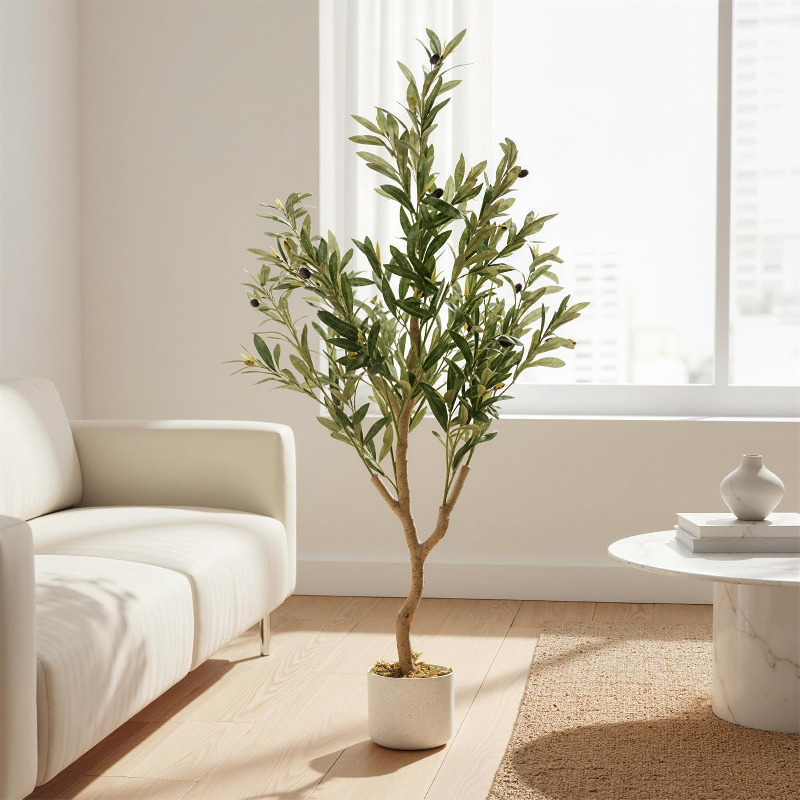 3.9FT Faux Olive Tree, Artificial Olive Trees with Lifelike Olive Branche and Fruits, Fake Floor Plants with Pot for Indoor Home Office Living Room Outdoor Decor