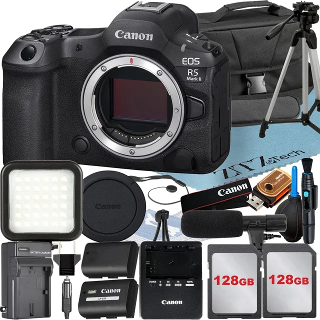 Canon EOS R5 Mark II Appareil Photo Sans Miroir (Boîtier Seulement) avec 2 Cartes Mémoire 128 Go + Étui + Trépied + Ensemble d'Accessoires ZeeTech