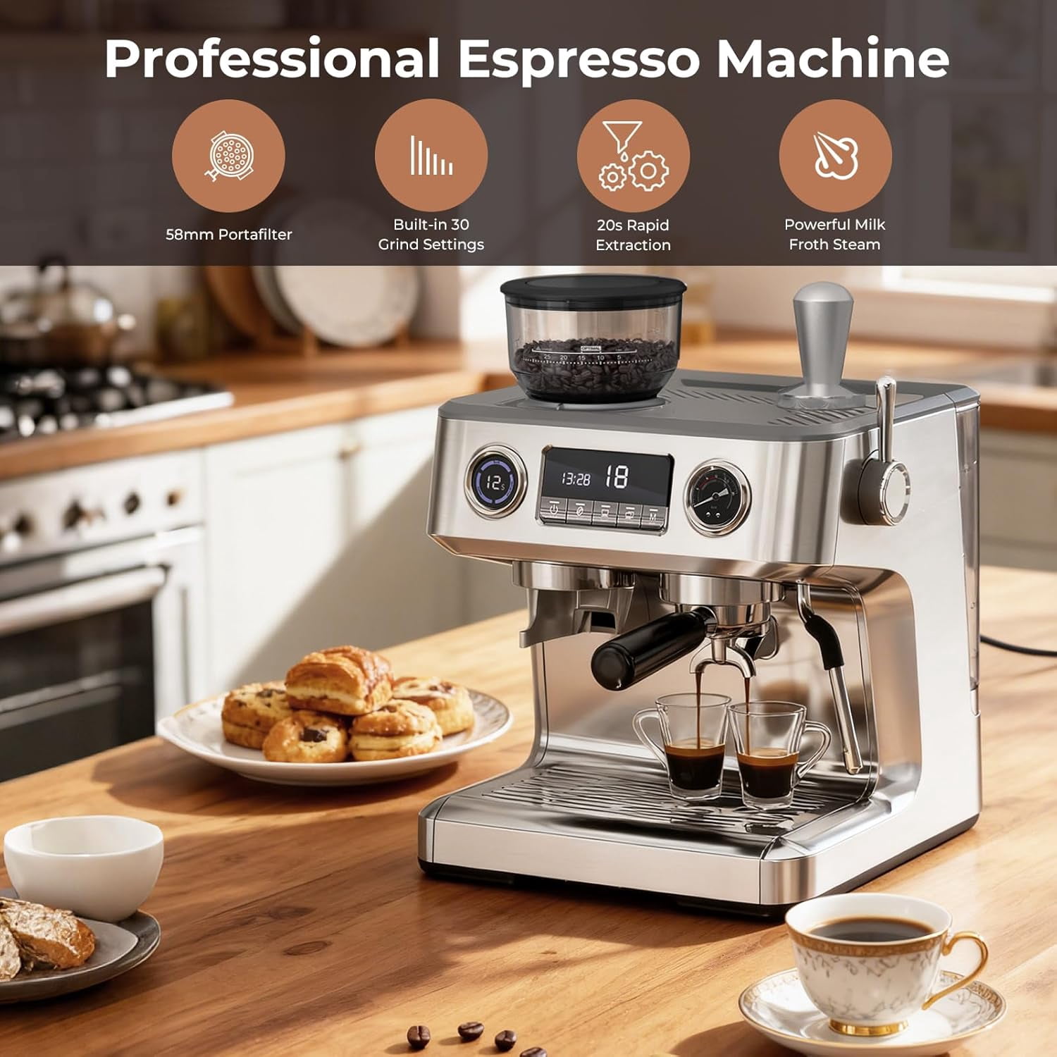 WAA 20 Bar Dual-Boiler Espresso Machine 30 Grinder Settings,Milk Frother,95oz Tank 58MM LED Display,Silver
