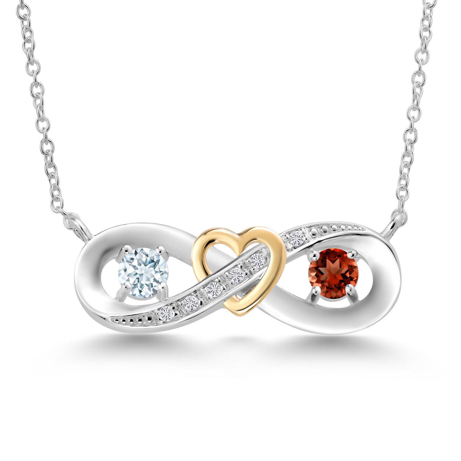 Gem Stone King 0.68 Ct Sky Blue Aquamarine Red Garnet 925 Silver and 10K Yellow Gold Two-Tone Heart Interlocking Infinity Symbol Lab Grown Diamond Pendant Necklace for Women with 18 inch Chain
