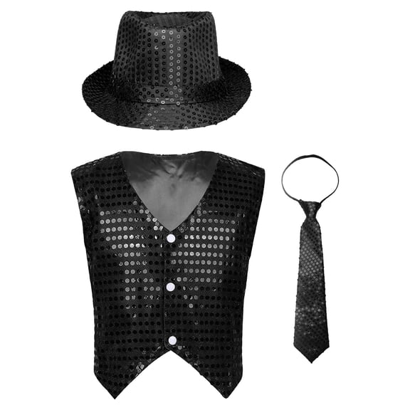 Alvivi Boys Sequins Waistcoat Hip-Hop Street Dance Stage Performance Vest Jacket with Hat Necktie Black 9-10