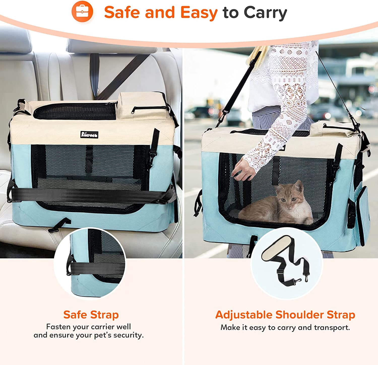 Large Collapsible  with Bowls, 24x17x17" Soft Travel Bag for Cats & Dogs, Blue
