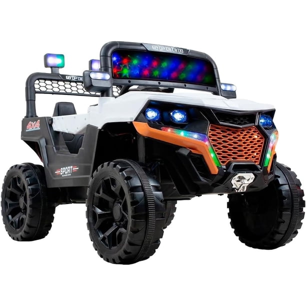 Carro Estilo Maverick Camioneta Off-Road Electrico Montable para Niños Carrito de Control Remoto y Manejo Directo con Luces Estereo y Pedales Funcionales con Control Remoto (Blanco)
