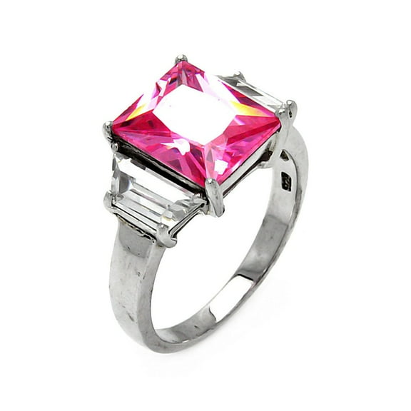 Pink And Clear Princess Cut Cubic Zirconia Three Stones Ring Rhodium Plated Sterling Silver Size 8