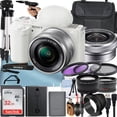 thumbnail image 1 of Sony Alpha ZV-E10 Mirrorless Vlog Camera With 16-50mm Lens + 32GB Memory Card + Filter Kit + Tripod + Case + A-Cell Mobility Accessory Bundle (White), 1 of 1