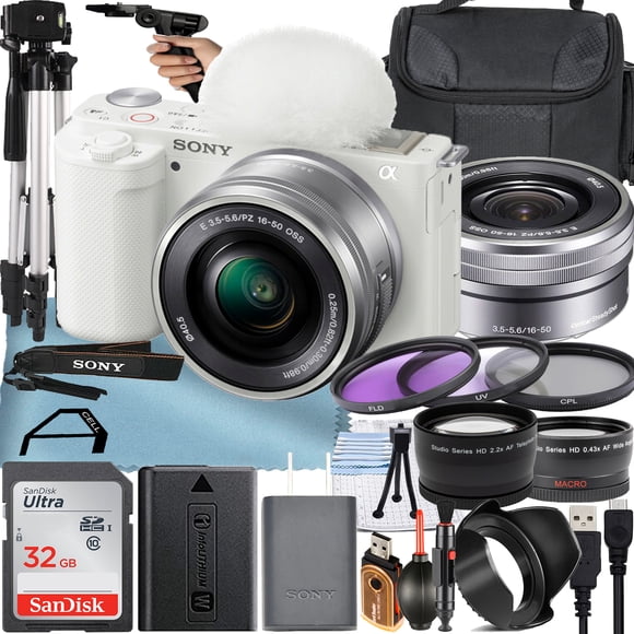 Sony Alpha ZV-E10 Appareil Photo Sans Miroir pour Vlog avec Objectif 16-50mm + Carte Mémoire 32 Go + Trousse de Filtres + Trépied + Étui + Ensemble d'Accessoires de Mobilité A-Cell (Blanc)