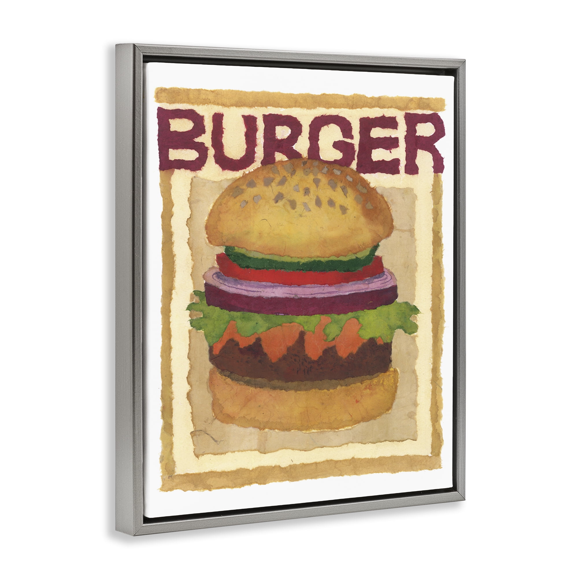 Stupell Industries Watercolor Style Burger Food & Beverage Painting Gray Floater Framed Art Print Wall Art, 17 x 21