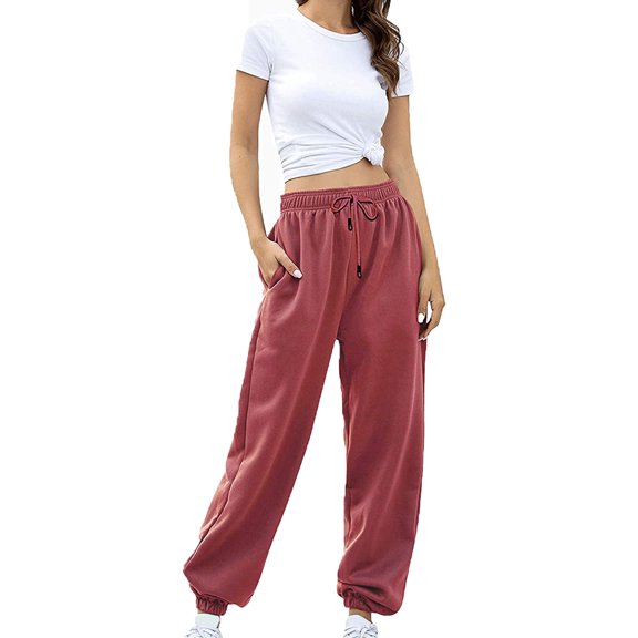 Argulvti Women Autumn Casual Pants, Solid Color Drawstring Elastic-Waist Long Trousers with Pockets