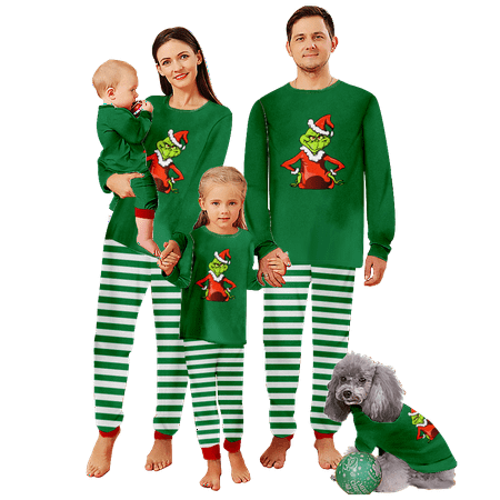 

FUNIER Family Matching Christmas Pajamas Sleepwear Set The Grinch Green White Stripe Printed Baby-Kids-Adult-Pet Size 2-Piece Top and Pants Bodysuits Unisex Pajamas Sets