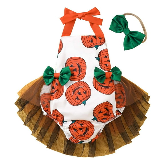 Odeerbi Infant Girls Clothes Halloween Pumpkin Print Rompers Jumpsuits New Style Mesh Pumpkin Onesie Bodysuit Orange